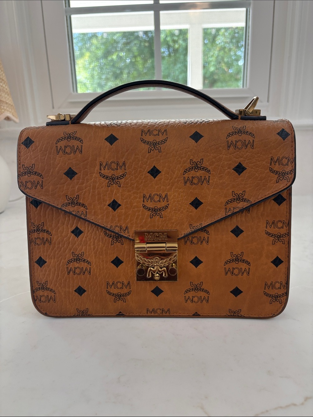 MCM Cognac Monogrammed Visetos Top-Handle Satchel with Gold Hardware